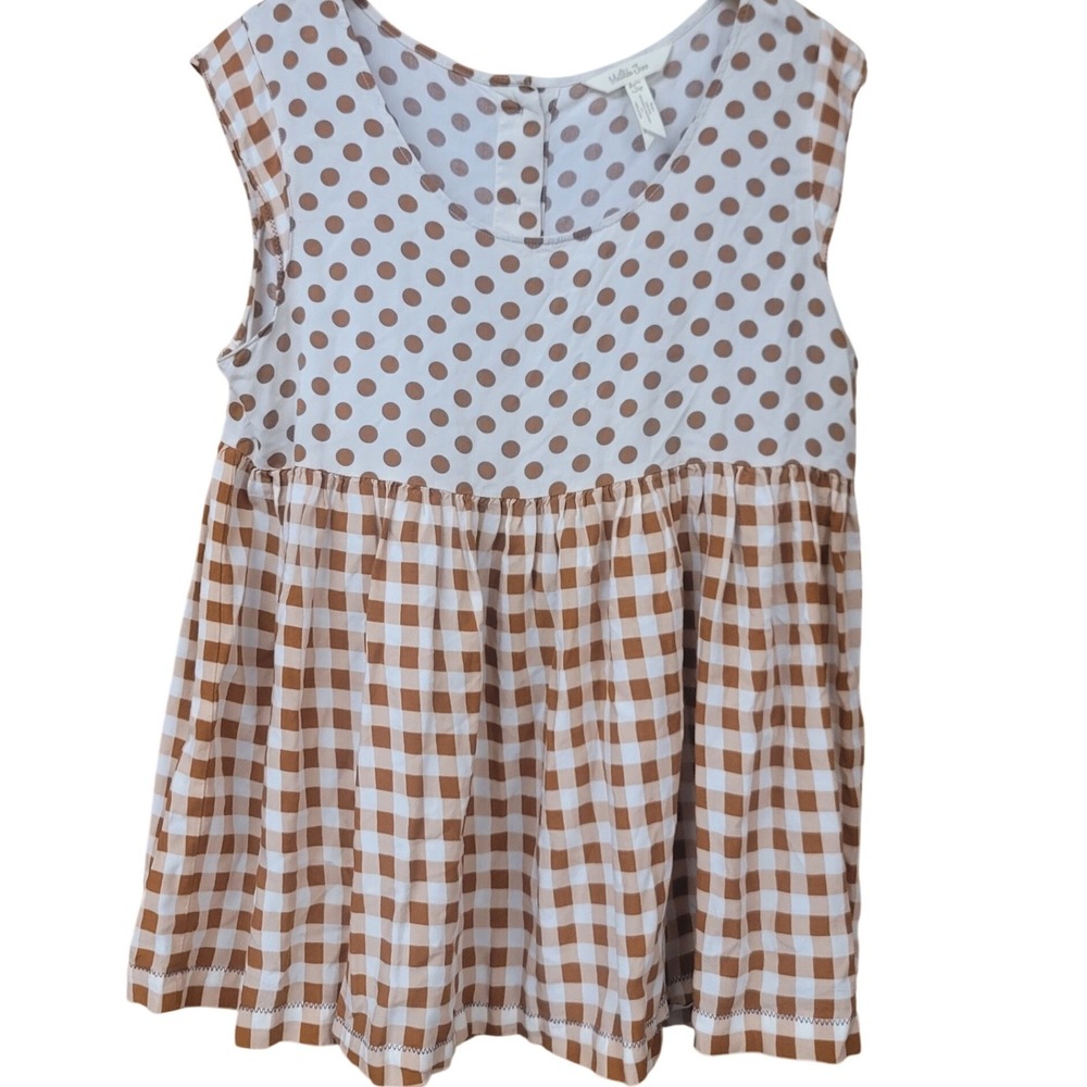 Matilda Jane Brown Gingham Polka Dot Babydoll Tunic Top Sleeveless Cottagecore